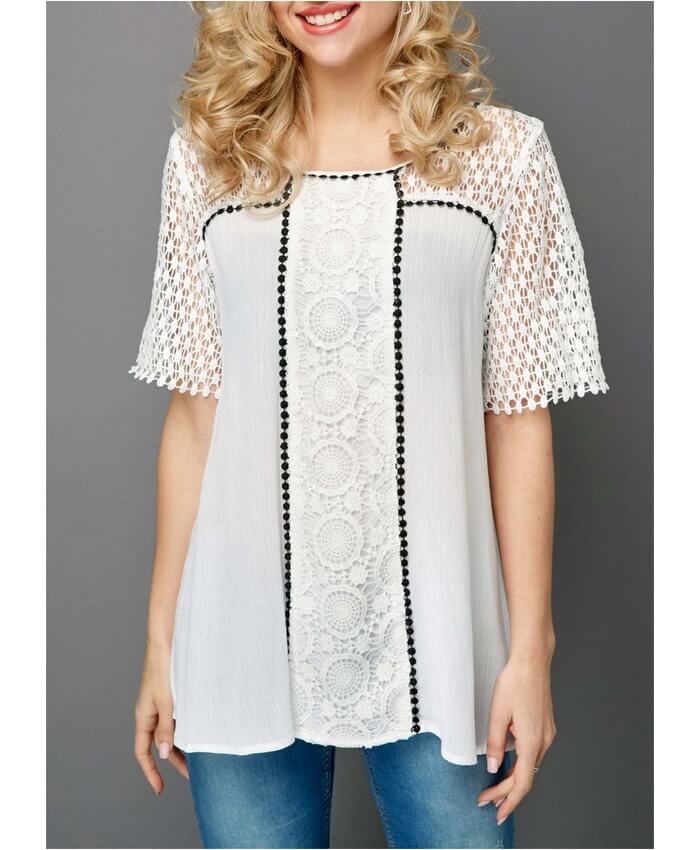 Round Neck Patchwork Short Sleeve Blouse
